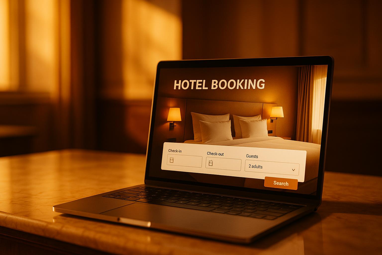 A laptop showing a hotel booking screen from behind on a marble hotel desk — HappiTravel wholesale travel